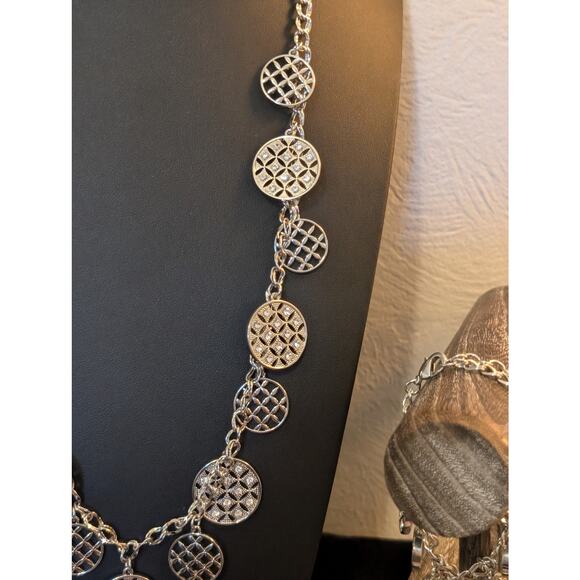 Charter Club Silver Tone Rhinestone Disk Charm Necklace & Matching Bracelet - Picture 5 of 11